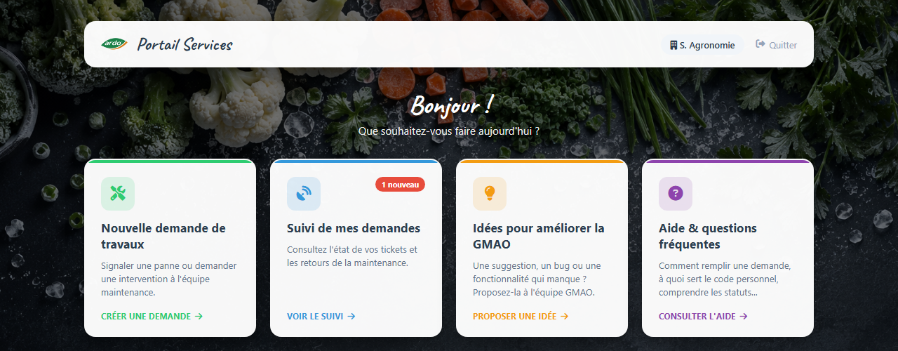 Page d'accueil du Portail Services avec ses 4 tuiles