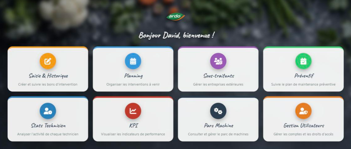 Page d'accueil GMAO avec les tuiles de navigation, vue administrateur