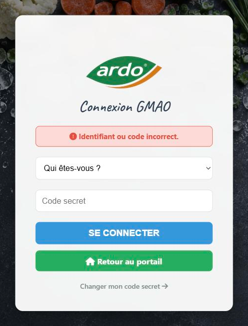 Message d'erreur : identifiant ou code incorrect