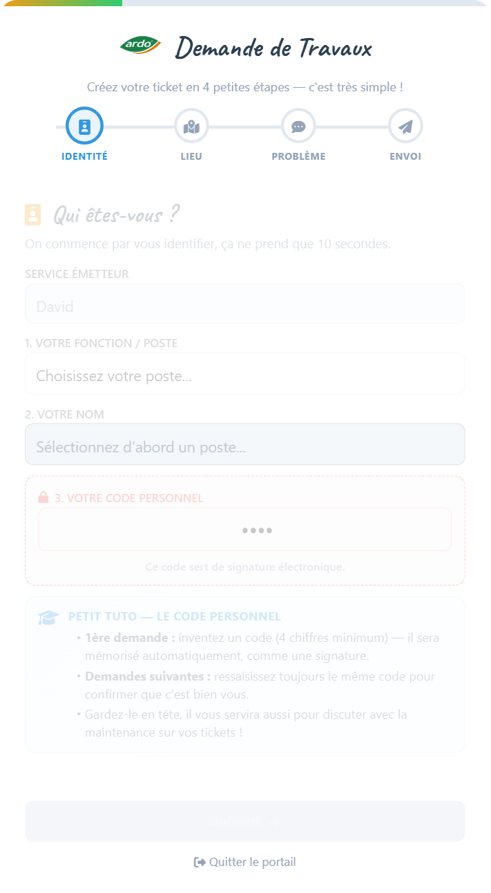 Étape 1 du formulaire de demande : identité et code personnel