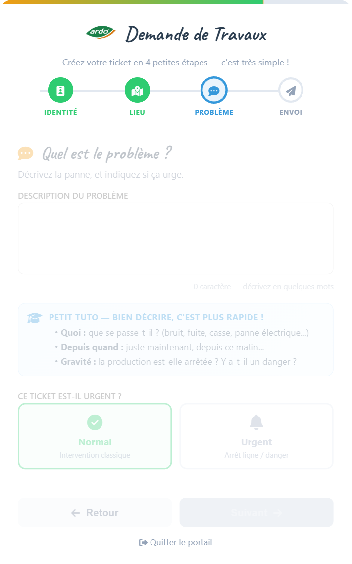 Étape 3 : description du problème et urgence